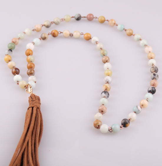 Handmade Amazonite Stone Long Chain With Tassel Pendant Mala Necklace
