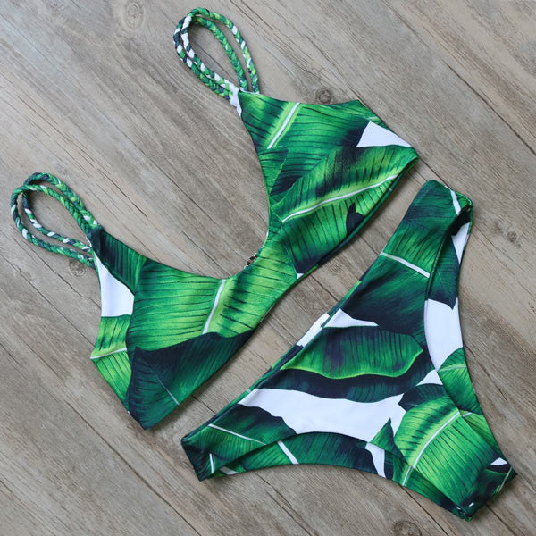 Tropical Leaf Printed Push Up Bikini