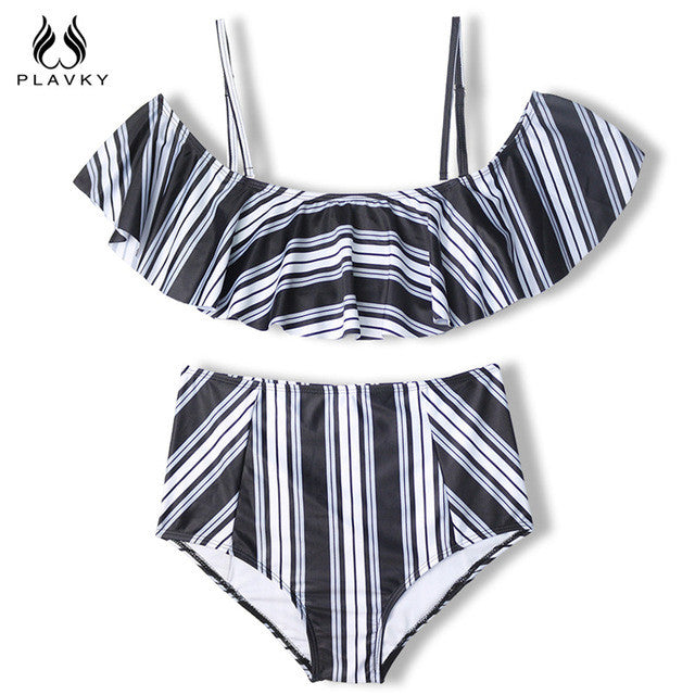 White And Black Striped High Waist Bikini
