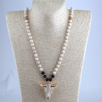 White & Lava Stone Horn Pendant Necklace