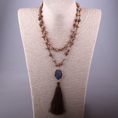 Handmade Natural Stone Knotted Rope Druzy Tassel Long Necklace