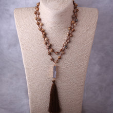 Handmade Natural Stone Knotted Rope Druzy Tassel Long Necklace